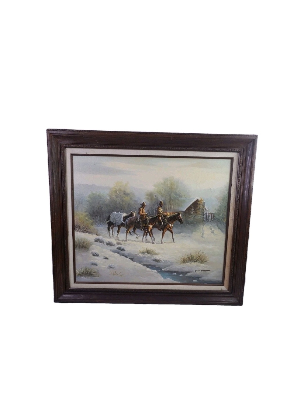 Framed Western Trail Riders Oil Painting in Brown Frame John Stanford Original